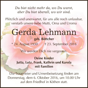 Traueranzeige von Gerda Lehmann von WVG - Wochenspiegel Dessau / Köthen