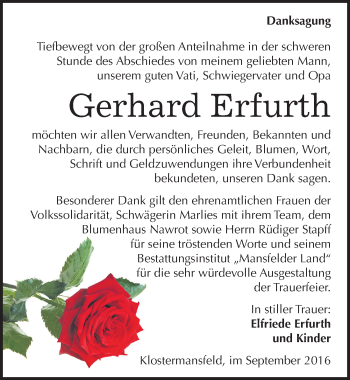 Traueranzeige von Gerhard Erfurth von Mitteldeutsche Zeitung Mansfelder Land