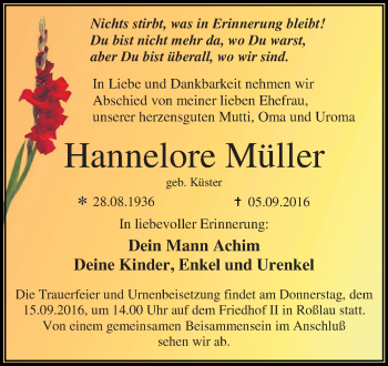 Traueranzeige von Hannelore Müller von WVG - Wochenspiegel Dessau / Köthen