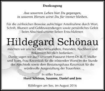 Traueranzeige von Hildegard Schönau von Mitteldeutsche Zeitung Mansfelder Land