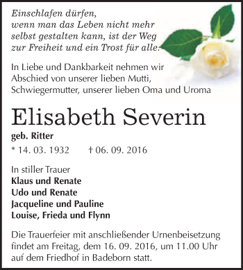 Traueranzeige von Elisabeth Severin von WVG - Wochenspiegel Quedlinburg