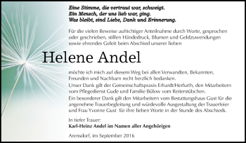 Traueranzeige von Helene Andel von WVG - Wochenspiegel Dessau / Köthen