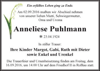Traueranzeige von Anneliese Puhlmann von Mitteldeutsche Zeitung Dessau-Roßlau