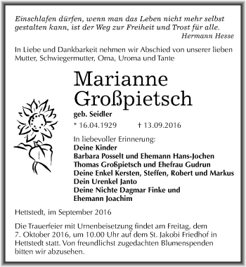Traueranzeige von Marianne Großpietsch von Mitteldeutsche Zeitung Mansfelder Land