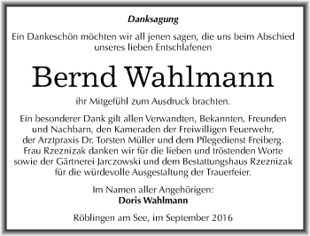 Traueranzeige von Bernd Wahlmann von Mitteldeutsche Zeitung Mansfelder Land