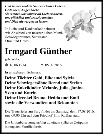 Traueranzeige von Irmgard Günther von Mitteldeutsche Zeitung Dessau-Roßlau