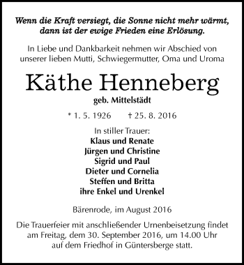 Traueranzeige von Käthe Henneberg von Mitteldeutsche Zeitung Quedlinburg
