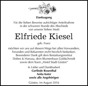 Traueranzeige von Elfriede Kiesel von Mitteldeutsche Zeitung Bernburg