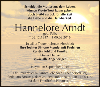 Traueranzeige von Hannelore Arndt von Mitteldeutsche Zeitung Aschersleben