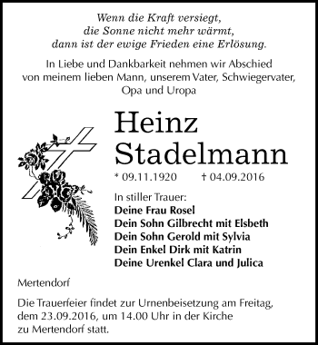 Traueranzeige von Heinz Stadelmann von Mitteldeutsche Zeitung Naumburg/Nebra
