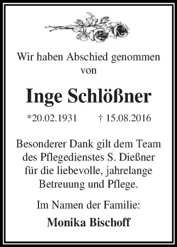 Traueranzeige von Inge Schlößner von WVG - Wochenspiegel Dessau / Köthen
