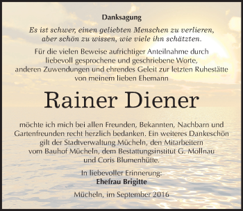 Traueranzeige von Rainer Diener von Mitteldeutsche Zeitung Merseburg/Querfurt