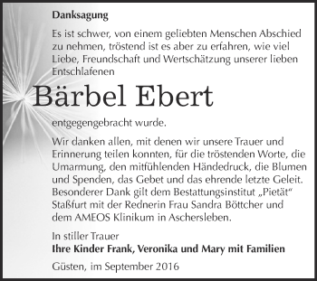 Traueranzeige von Bärbel Ebert von Super Sonntag Bernburg