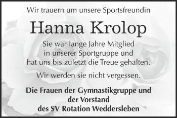 Traueranzeige von Hanna Krolop von Super Sonntag Quedlinburg