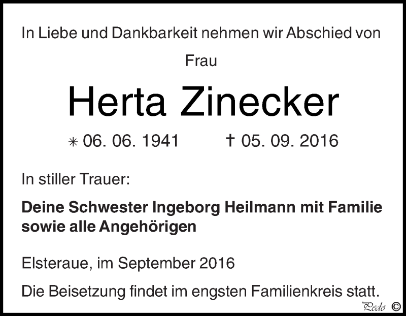  Traueranzeige für Herta Zinecker vom 10.09.2016 aus Super Sonntag Zeitz
