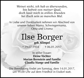 Traueranzeige von Ilse Borger von Mitteldeutsche Zeitung Halle/Saalkreis