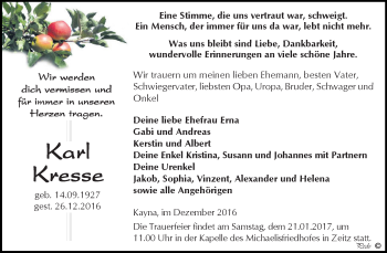 Traueranzeige von Karl Kresse von Super Sonntag Zeitz
