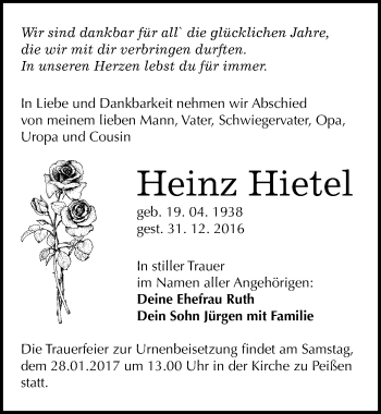 Traueranzeige von Heinz Hietel von Mitteldeutsche Zeitung Halle/Saalkreis