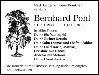 Traueranzeige von Bernhard Pohl von Mitteldeutsche Zeitung Bitterfeld