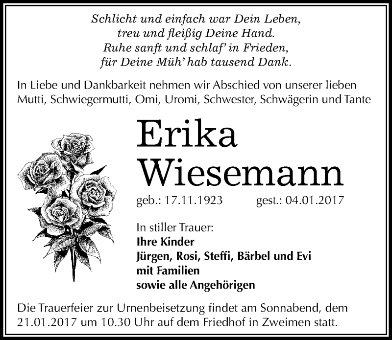  Traueranzeige für Erika Wiesemann vom 12.01.2017 aus Mitteldeutsche Zeitung Merseburg/Querfurt