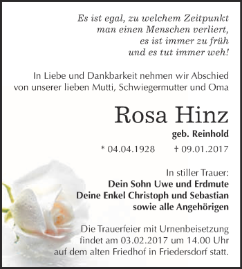 Traueranzeige von Rosa Hinz von WVG - Wochenspiegel Bitterfeld