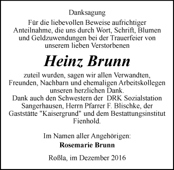 Traueranzeige von Heinz Brunn von Mitteldeutsche Zeitung Sangerhausen
