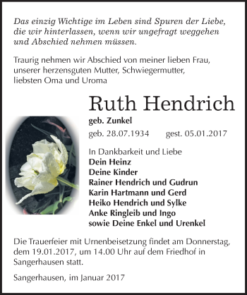 Traueranzeige von Ruth Hendrich von Mitteldeutsche Zeitung Sangerhausen