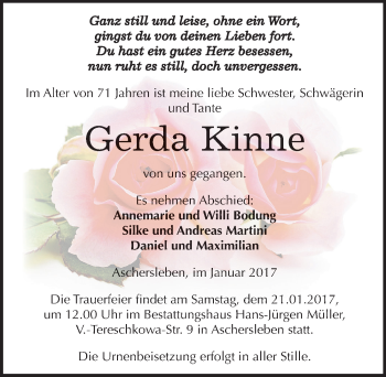 Traueranzeige von Gerda Kinne von Mitteldeutsche Zeitung Aschersleben