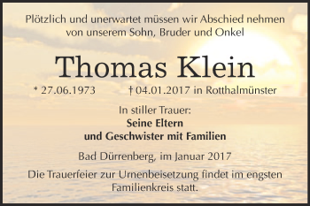Traueranzeige von Thomas Klein von Super Sonntag Merseburg