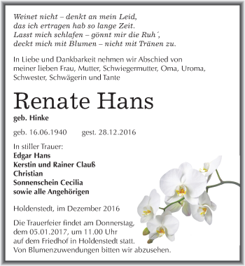 Traueranzeige von Renate Hans von Mitteldeutsche Zeitung Sangerhausen