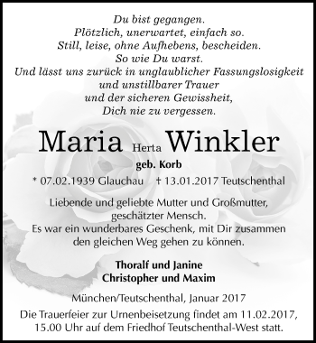 Traueranzeige von Maria Herta Winkler von Mitteldeutsche Zeitung Halle/Saalkreis