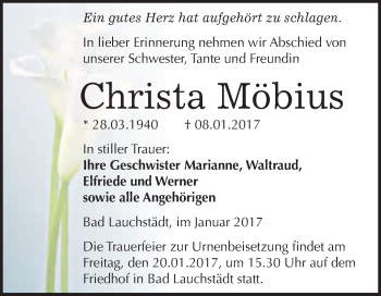 Traueranzeige von Christa Möbius von WVG - Wochenspiegel Merseburg