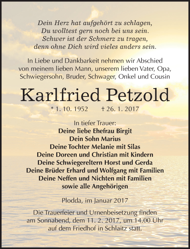  Traueranzeige für Karlfried Petzold vom 28.01.2017 aus Mitteldeutsche Zeitung Wittenberg