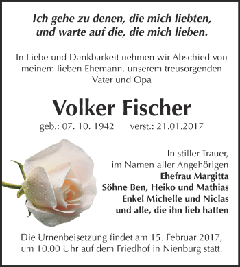 Traueranzeige von Volker Fischer von Super Sonntag Bernburg