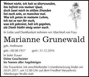 Traueranzeige von Marianne Grunewald von Mitteldeutsche Zeitung Zeitz