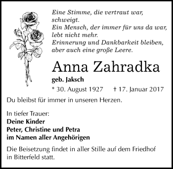 Traueranzeige von Anna Zahradka von Mitteldeutsche Zeitung Bitterfeld