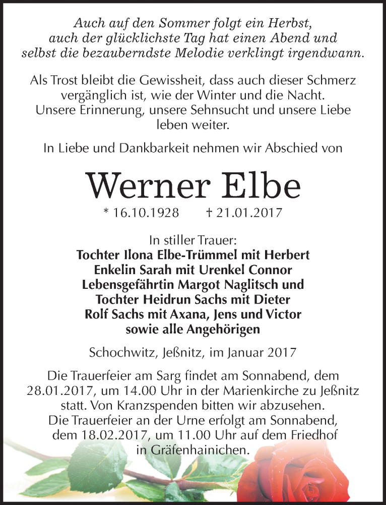  Traueranzeige für Werner Elbe vom 25.01.2017 aus Mitteldeutsche Zeitung