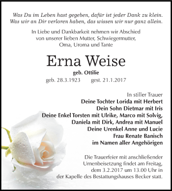 Traueranzeige von Erna Weise von Super Sonntag SGH Mansf. Land
