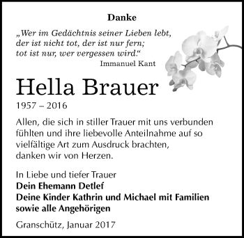 Traueranzeige von Hella Brauer von Mitteldeutsche Zeitung Weißenfels