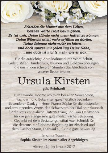 Traueranzeige von Ursula Kirsten von Mitteldeutsche Zeitung Naumburg/Nebra
