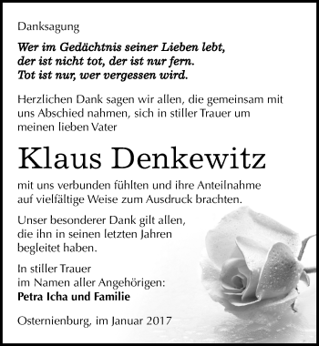 Traueranzeige von Klaus Denkewitz von Mitteldeutsche Zeitung Köthen