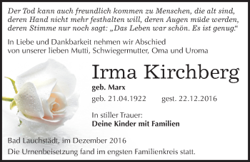 Traueranzeige von Irma Kirchberg von Mitteldeutsche Zeitung Merseburg/Querfurt