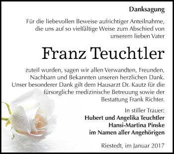 Traueranzeige von Franz Teuchtler von Super Sonntag SGH Mansf. Land