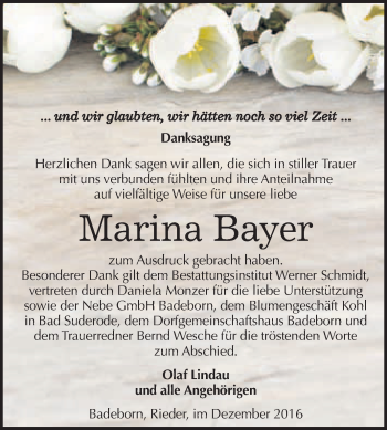 Traueranzeige von Marina Bayer von WVG - Wochenspiegel Quedlinburg