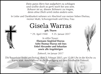 Traueranzeige von Gisela Warras von Super Sonntag Zeitz