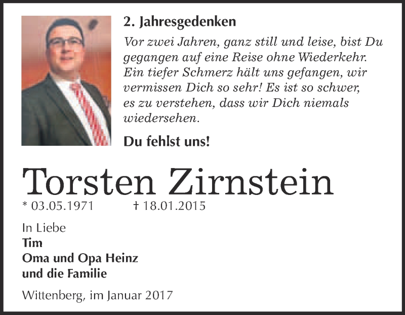  Traueranzeige für Torsten Zirnstein vom 18.01.2017 aus Super Sonntag Wittenberg