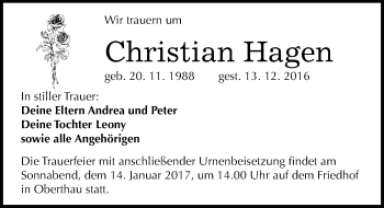 Traueranzeige von Christian Hagen von Mitteldeutsche Zeitung Merseburg/Querfurt