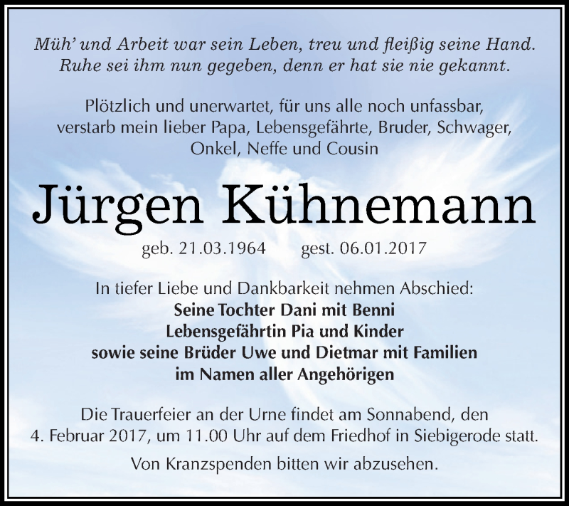  Traueranzeige für Jürgen Kühnemann vom 14.01.2017 aus Super Sonntag SGH Mansf. Land