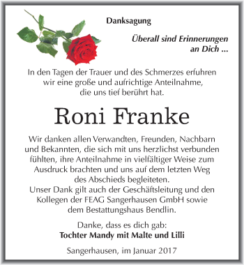 Traueranzeige von Roni Franke von Mitteldeutsche Zeitung Sangerhausen