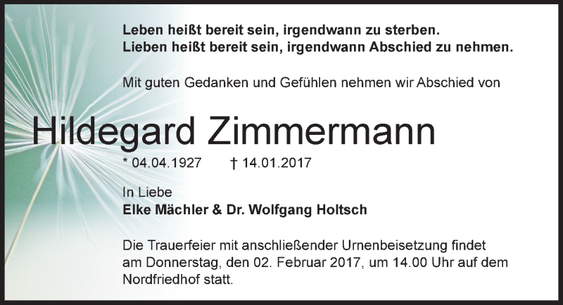  Traueranzeige für Hildegard Zimmermann vom 28.01.2017 aus Mitteldeutsche Zeitung Halle/Saalkreis
